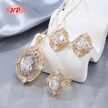 Fashionable 18K Gold White Gem Ring Necklace Earrings Set | Women's Brass Alloy Jewelry Set for Wedding in Bulk MOQ 6