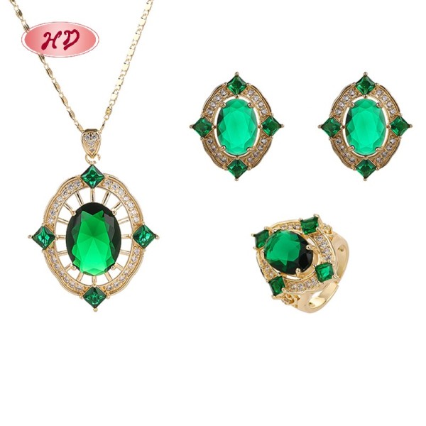 18K Gold Plated Green Gem Ring Necklace Earrings Set | Hengdian Jewelry Bulk for Party | Women's Copper Alloy Jewelry Set
