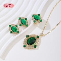 18K Gold Plated Green Gem Ring Necklace Earrings Set | Hengdian Jewelry Bulk for Party | Women's Copper Alloy Jewelry Set