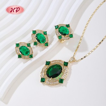 18K Gold Plated Green Gem Ring Necklace Earrings Set | Hengdian Jewelry Bulk for Party | Women's Copper Alloy Jewelry Set