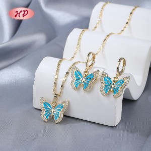 Trendy 18K Gold-plated Butterfly Necklace & Earrings Set | Brass Women's Gift Jewelry Set with Blue CZ for Anniversary