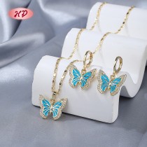 Trendy 18K Gold-plated Butterfly Necklace & Earrings Set | Brass Women's Gift Jewelry Set with Blue CZ for Anniversary