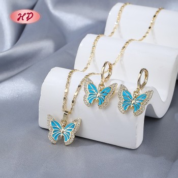 Trendy 18K Gold-plated Butterfly Necklace & Earrings Set | Brass Women's Gift Jewelry Set with Blue CZ for Anniversary