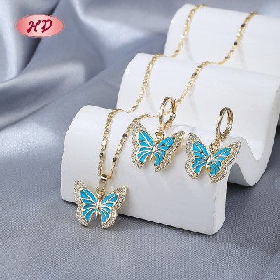 Trendy 18K Gold-plated Butterfly Necklace & Earrings Set | Brass Women's Gift Jewelry Set with Blue CZ for Anniversary