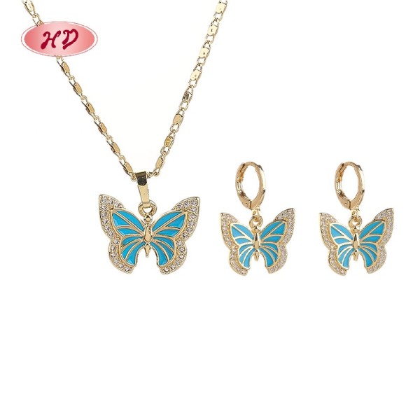 Trendy 18K Gold-plated Butterfly Necklace & Earrings Set | Brass Women's Gift Jewelry Set with Blue CZ for Anniversary