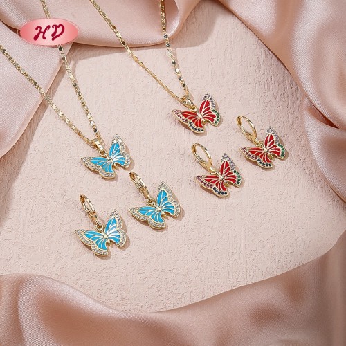 Trendy 18K Gold-plated Butterfly Necklace & Earrings Set | Brass Women's Gift Jewelry Set with Blue CZ for Anniversary