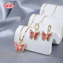 Vintage 18K Gold-plated Butterfly Necklace & Earrings Set for Women | Copper Alloy Women's Wedding Colorful Jewelry Set