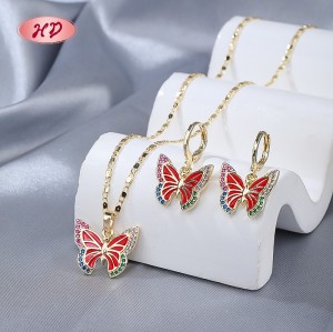 Vintage 18K Gold-plated Butterfly Necklace & Earrings Set for Women | Copper Alloy Women's Wedding Colorful Jewelry Set