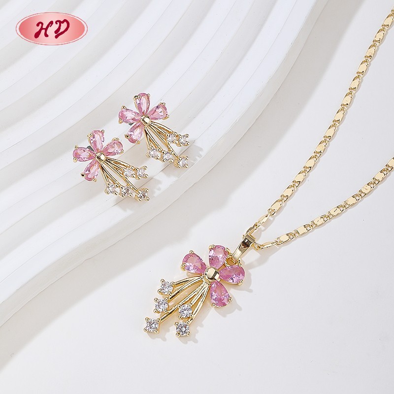 Elegant 18K Gold Plated Flower Necklace & Earrings Set with Pink Zircon for Women