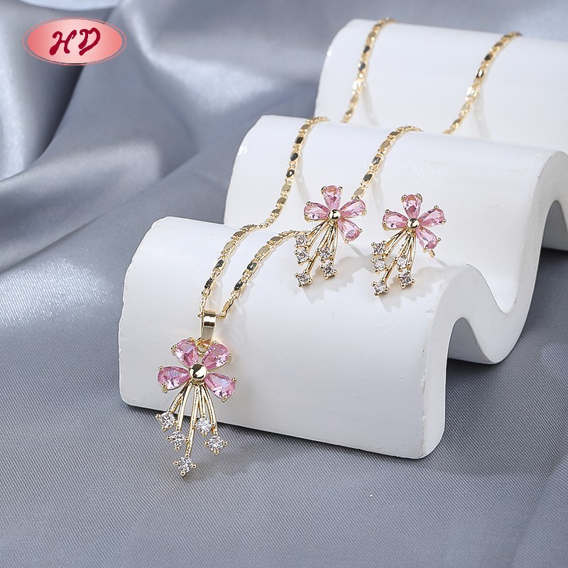Elegant 18K Gold Plated Flower Necklace & Earrings Set with Pink Zircon for Women