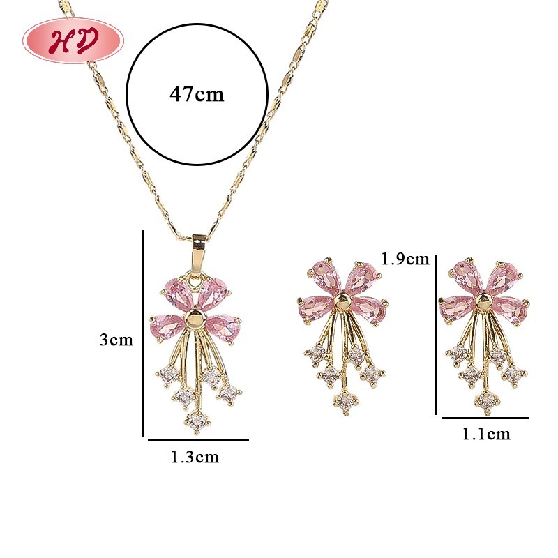 Elegant 18K Gold Plated Flower Necklace & Earrings Set with Pink Zircon for Women