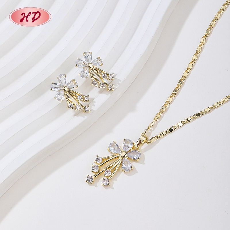 Elegant 18K Gold Plated Flower Necklace & Earrings Set with Pink Zircon for Women
