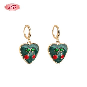 Trendy 18K Gold Plated Heart Huggie Earrings | Cherry Design Heart Earrings for Women by Hengdian Jewelry for Party