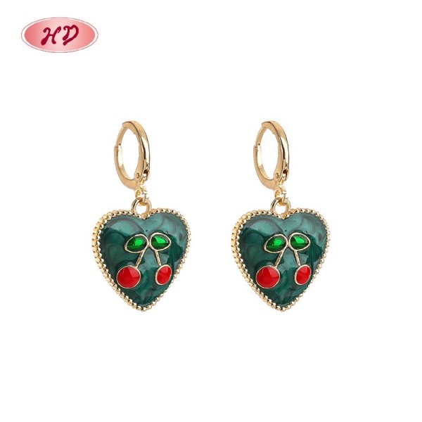 Trendy 18K Gold Plated Heart Huggie Earrings | Cherry Design Heart Earrings for Women by Hengdian Jewelry for Party