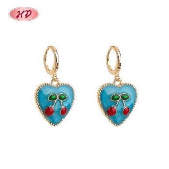 Vintage 18K Gold Blue Heart Huggie Earrings | Copper Cherry Earrings for Women by Hengdian Jewelry for Daily Accessory