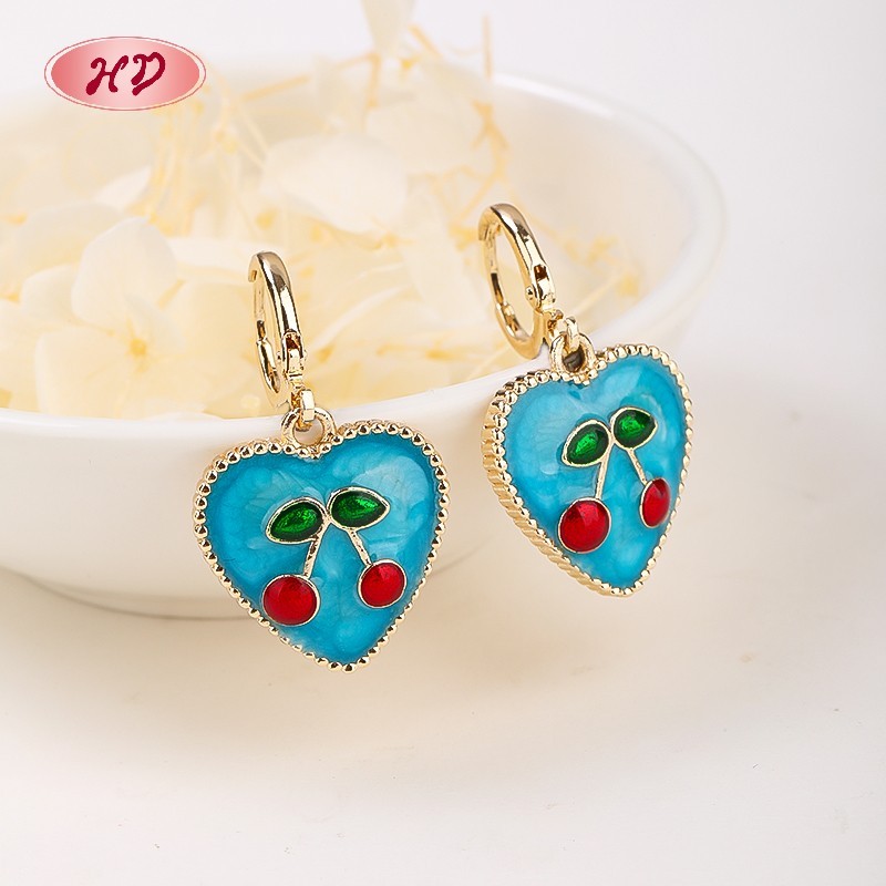 Vintage 18K Gold Blue Heart Huggie Earrings