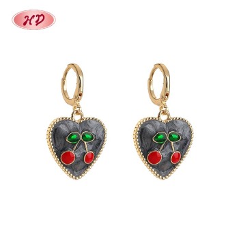 Fashionable 18K Gold Plated Heart Earrings with Zircon Cherry Design | Women's Cherry Jewelry Bulk for Daily Accessory