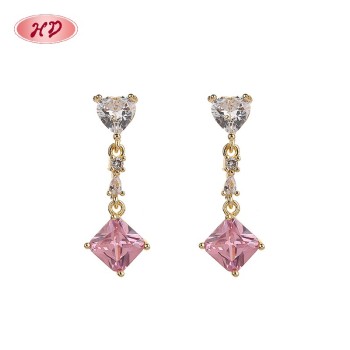 Elegant 18K Gold Plated Square Pink Gem Stud Earrings for Women | Trendy Hengdian Jewelry with Copper Alloy for Party