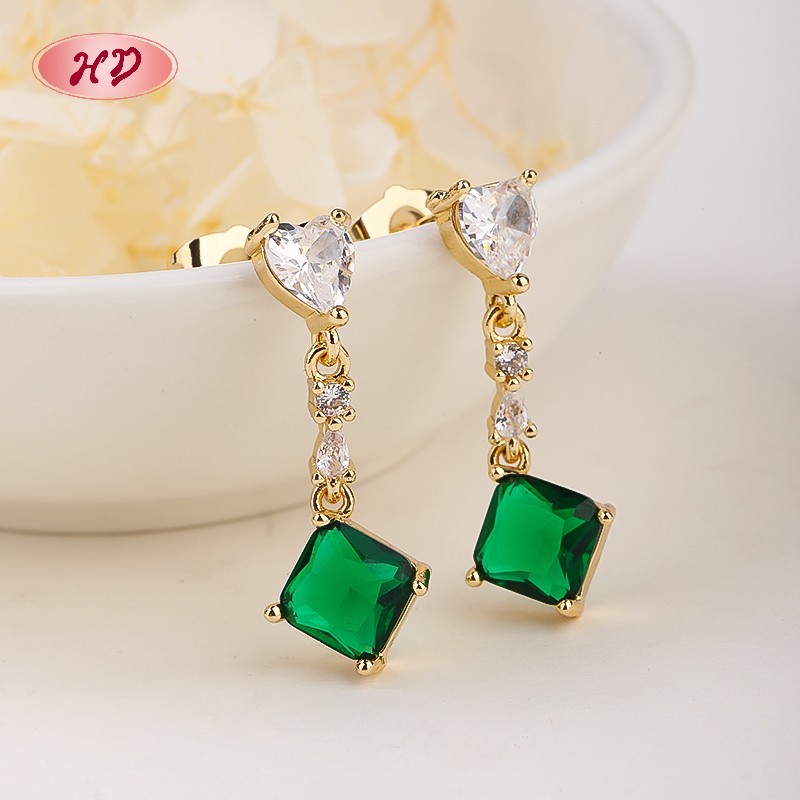 Boucles D'Oreilles Carrées En Zircon Vert Plaqué Or 18 Carats, Style Vintage