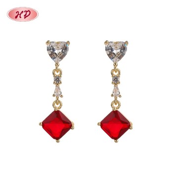 Cute 18K Gold Plated Square Earring with Red Zircon | Women's Retro Jewelry for Office & Holidays in Wholesale by HD