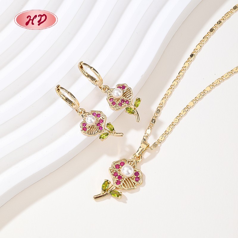 Elegant 18K Gold Plated Flower Necklace & Earrings Set with Pink Zircon for Women