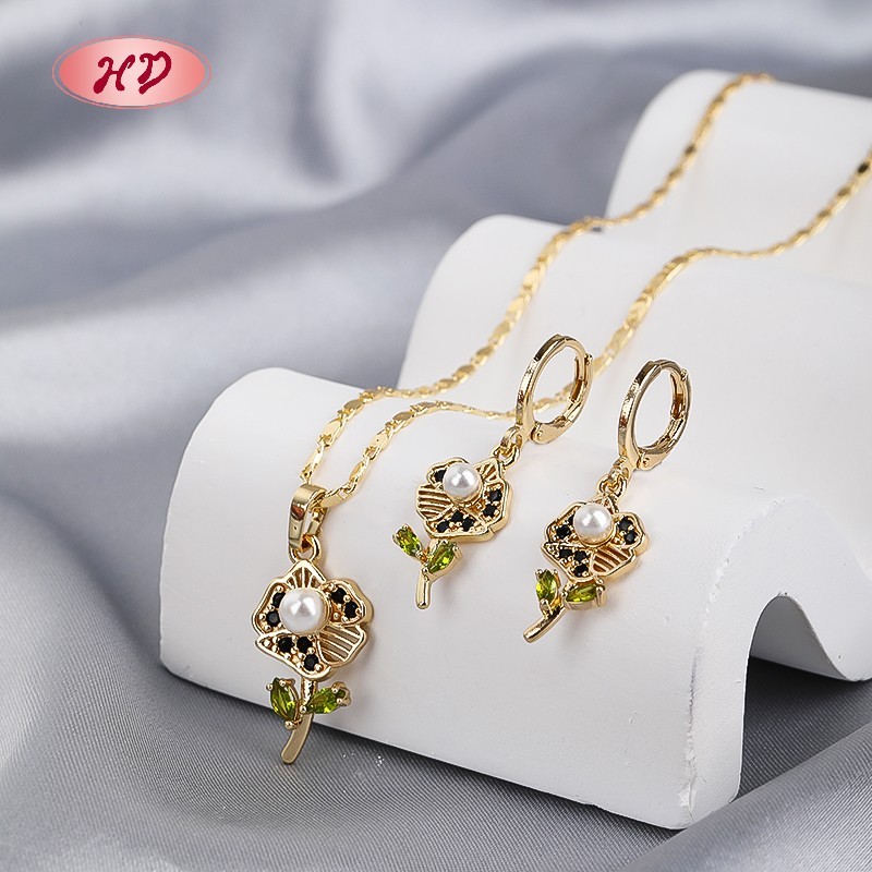 Elegant 18K Gold Plated Flower Necklace & Earrings Set with Pink Zircon for Women