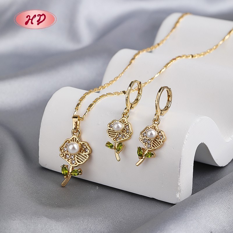 Elegant 18K Gold Plated Flower Necklace & Earrings Set with Pink Zircon for Women