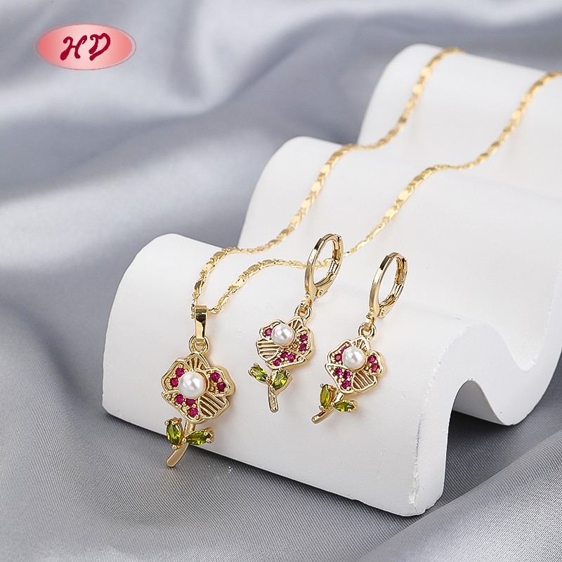 Elegant 18K Gold Plated Flower Necklace & Earrings Set with Pink Zircon for Women