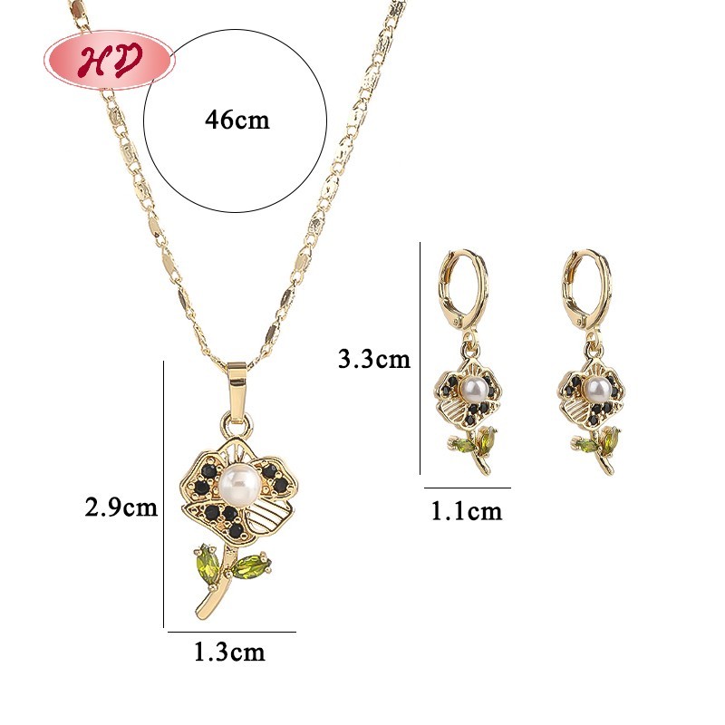 Elegant 18K Gold Plated Flower Necklace & Earrings Set with Pink Zircon for Women