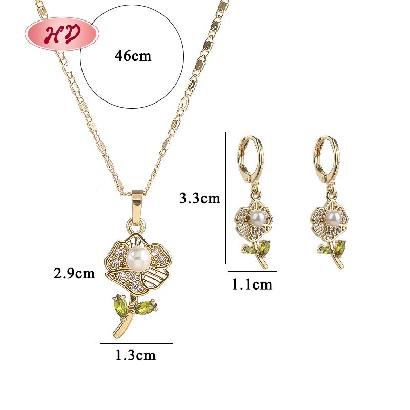 Elegant 18K Gold Plated Flower Necklace & Earrings Set with Pink Zircon for Women