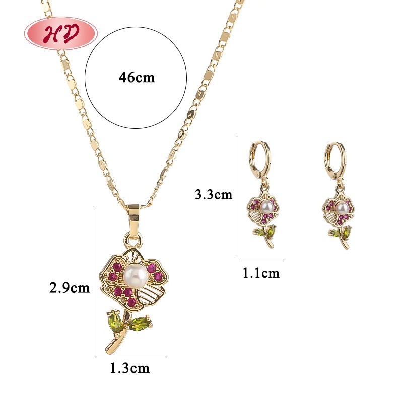 Elegant 18K Gold Plated Flower Necklace & Earrings Set with Pink Zircon for Women