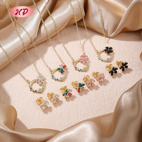 Hengdian Jewelry Wholesaler | 18K Gold Plated Flower Necklace Earring Set for Women | Jewelry Set for Office and Wedding