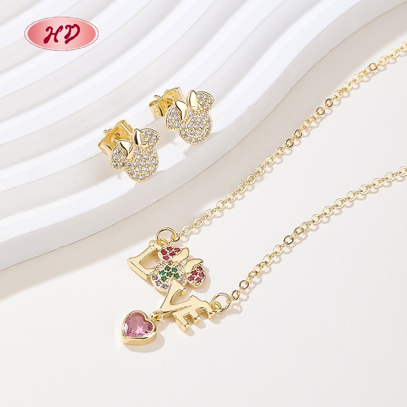  Romantic 18K Gold Plated LOVE Heart Zircon Jewelry Set for Women