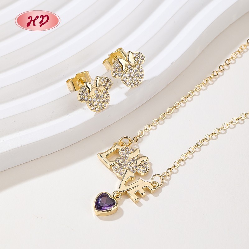  Romantic 18K Gold Plated LOVE Heart Zircon Jewelry Set for Women