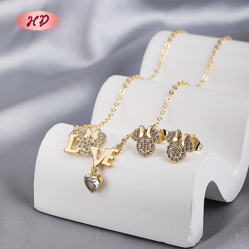  Romantic 18K Gold Plated LOVE Heart Zircon Jewelry Set for Women
