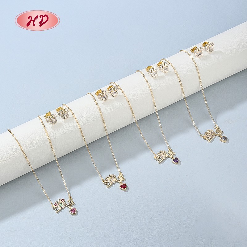  Romantic 18K Gold Plated LOVE Heart Zircon Jewelry Set for Women