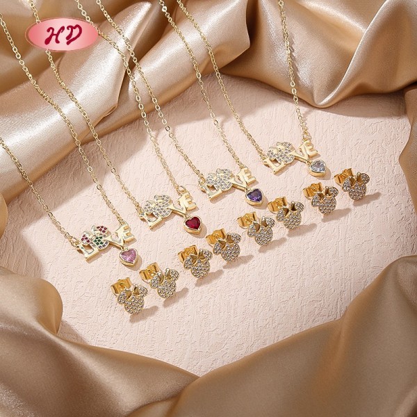 Copper Alloy Jewelry Bulk | Romantic 18K Gold Plated LOVE Heart Zircon Jewelry Set for Women | Valentine's Day and Gift