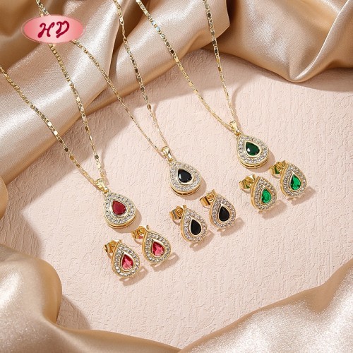 Brass Jewelry Bulk | Retro 18K Gold-plated Teardrop Jewelry Set | Women's Earring and Necklace with Zircon | Daily Wear