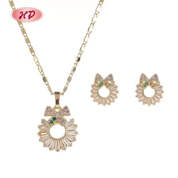 18K Gold Plated Colorful Zircon Jewelry Set | Classic Bow Sunburst Necklace & Earrings for Women | Perfect Gift for Her