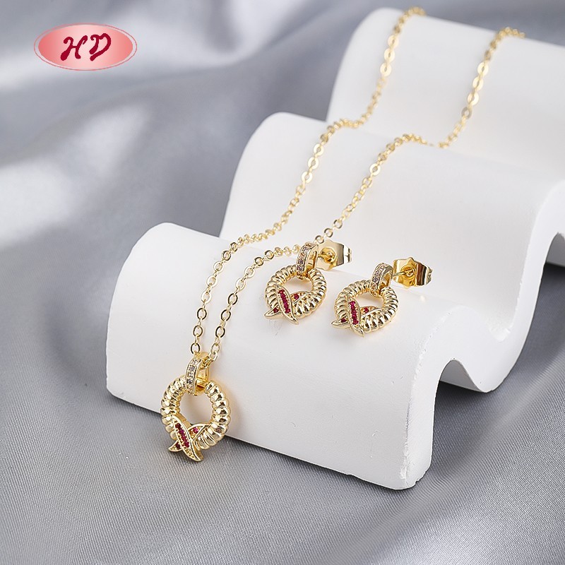 Red Cubic Zirconia Ribbon Earrings Necklace Jewelry Set