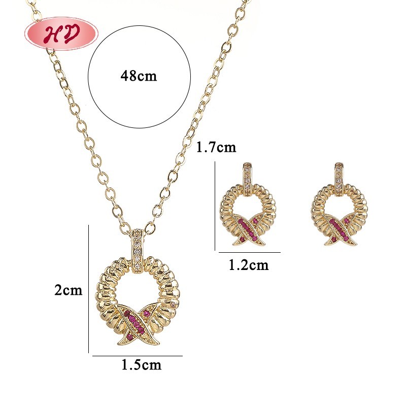 Red Cubic Zirconia Ribbon Earrings Necklace Jewelry Set