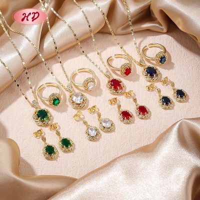 18K Gold Plated Colorful Cubic Zirconia Jewelry Set | Classic Earrings Necklace and Ring for Women | Gift and Office