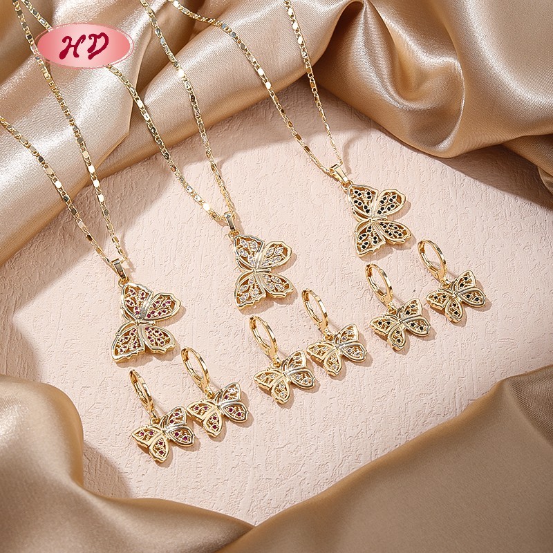 18K Gold Plated Copper Alloy Cz Cute Butterfly Jewelry Sets