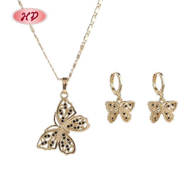 18K Gold Plated Copper Alloy Cz Cute Butterfly Jewelry Sets
