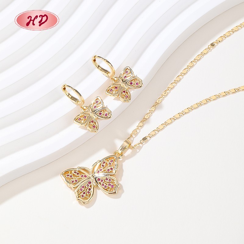 18K Gold Plated Copper Alloy Cz Cute Butterfly Jewelry Sets