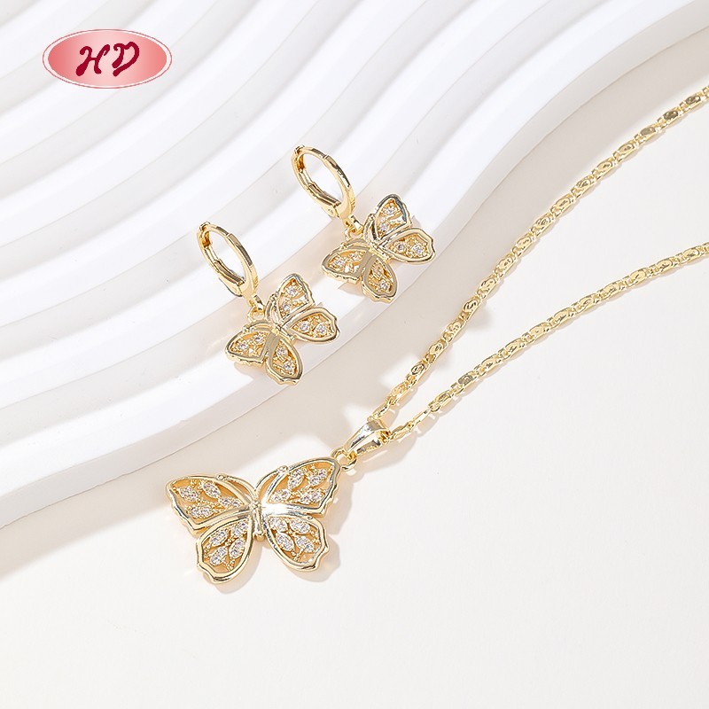 18K Gold Plated Copper Alloy Cz Cute Butterfly Jewelry Sets