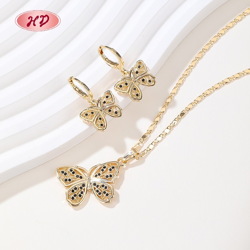 18K Gold Plated Copper Alloy Cz Cute Butterfly Jewelry Sets