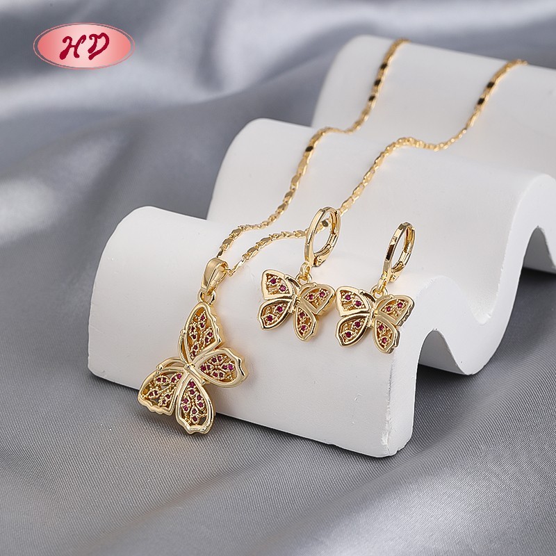 18K Gold Plated Copper Alloy Cz Cute Butterfly Jewelry Sets