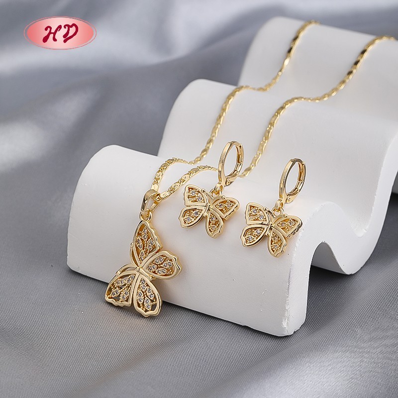 18K Gold Plated Copper Alloy Cz Cute Butterfly Jewelry Sets