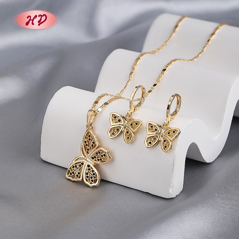 18K Gold Plated Copper Alloy Cz Cute Butterfly Jewelry Sets